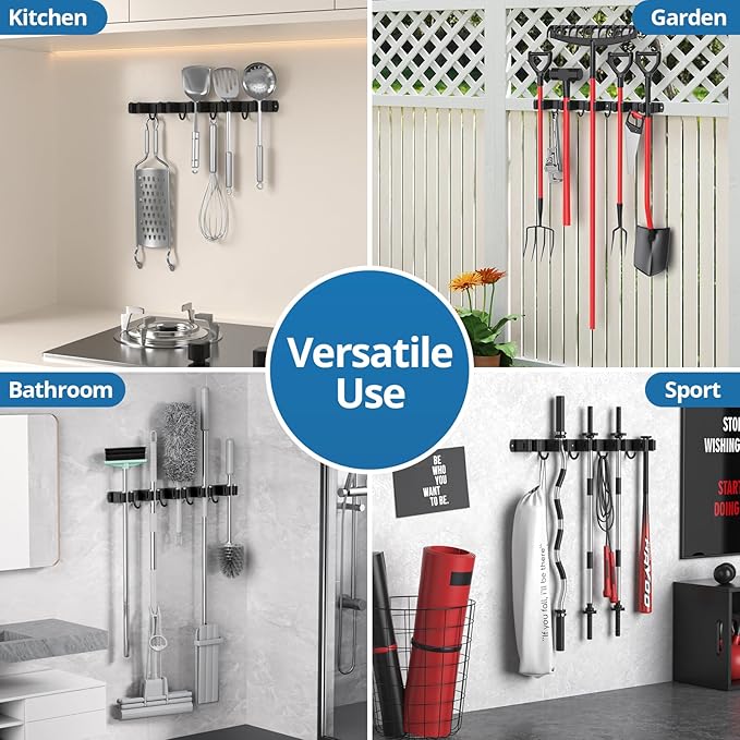 2 Pack Mop and Broom Holder Wall Mount, 5 Racks and 4 Hooks Broom Organizer Storage Garage Tool Racks Wall Mounted Mop Hanger for Home Kitchen Garden Laundry (Black)