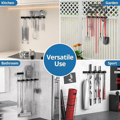 2 Pack Mop and Broom Holder Wall Mount, 5 Racks and 4 Hooks Broom Organizer Storage Garage Tool Racks Wall Mounted Mop Hanger for Home Kitchen Garden Laundry (Black)