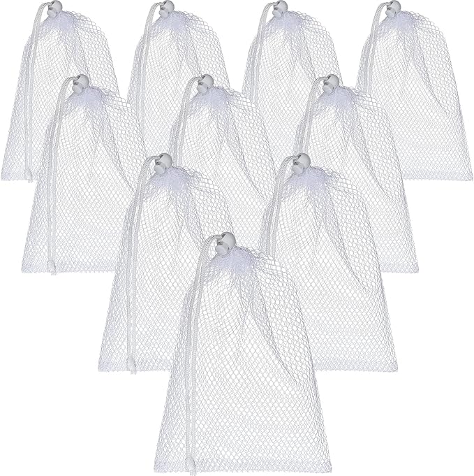 TecUnite 10 Pcs Mesh Laundry Bags with Drawstring Multicolor Mesh Sack Bag Nylon Gift Dishwasher Bag with Sliding for Storage Clothes Socks Jewelry Gifts Toys Fruit(11.8 x 7.5 Inch,White)