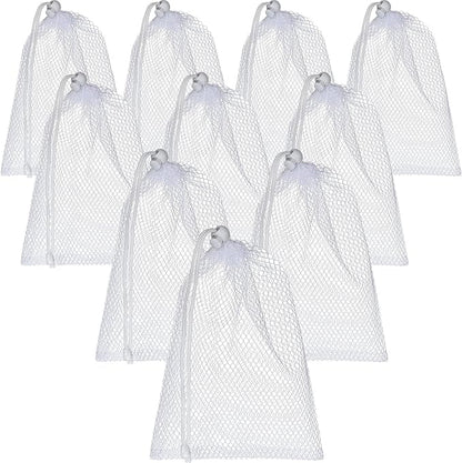 TecUnite 10 Pcs Mesh Laundry Bags with Drawstring Multicolor Mesh Sack Bag Nylon Gift Dishwasher Bag with Sliding for Storage Clothes Socks Jewelry Gifts Toys Fruit(11.8 x 7.5 Inch,White)