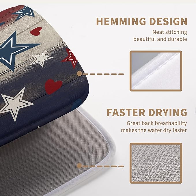 Patriotic Stars Dish Drying Mats 4th of July Dish Mat Blue Red Heart Drying Matt Dishes Dryer Pad for Kitchen Counter Absorbent Microfiber Washable Foldable Reusable 18x24 in