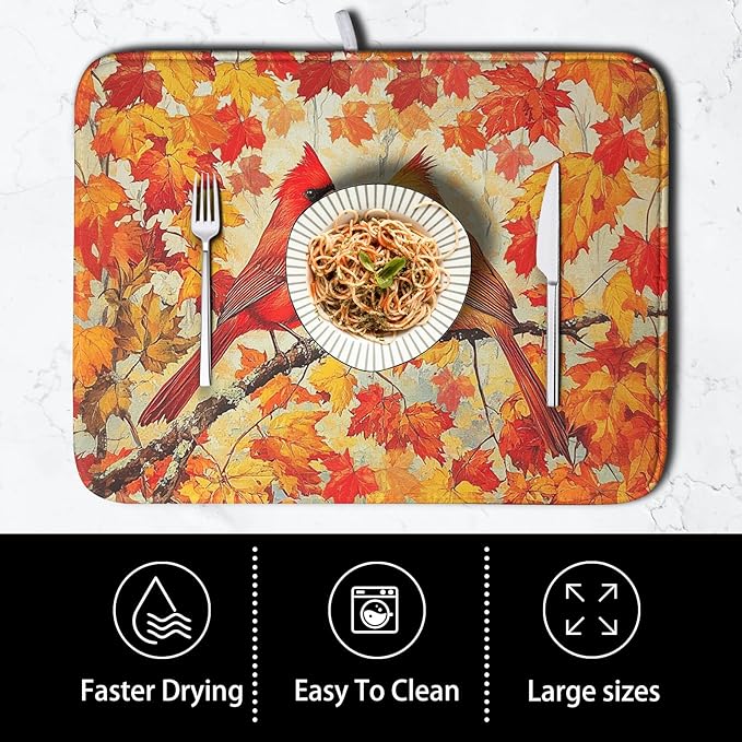 Fall Dish Drying Mats for Kitchen Counter Maple Leaf Cardinal Birds Dish Draining Mat 16x18 Inch Autumn Thanksgiving Dish Rack Mat Microfiber Absorbent Dish Drainer Pad