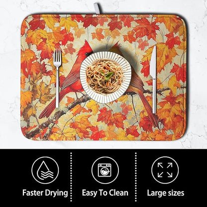 Fall Dish Drying Mats for Kitchen Counter Maple Leaf Cardinal Birds Dish Draining Mat 18x24 Inch Autumn Thanksgiving Dish Rack Mat Microfiber Absorbent Dish Drainer Pad