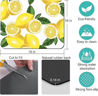 Rubber Dish Drying Mat for Kitchen Counter Large Lemon Washable Quick Home Coffee Pad Fit Under Sink,Bar,Utensils 16x18in