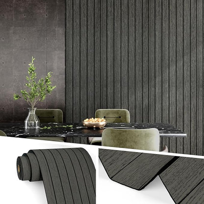 Wallercity Black/Grey Peel and Stick Wood Panels Removable 3D Wood Grain Slat Soundproof Wall Panel for Walls Self Adhesive Vinyl Wooden Fluted Wall Panels for Bedroom Bathroom RV Basement 11.7"x197"