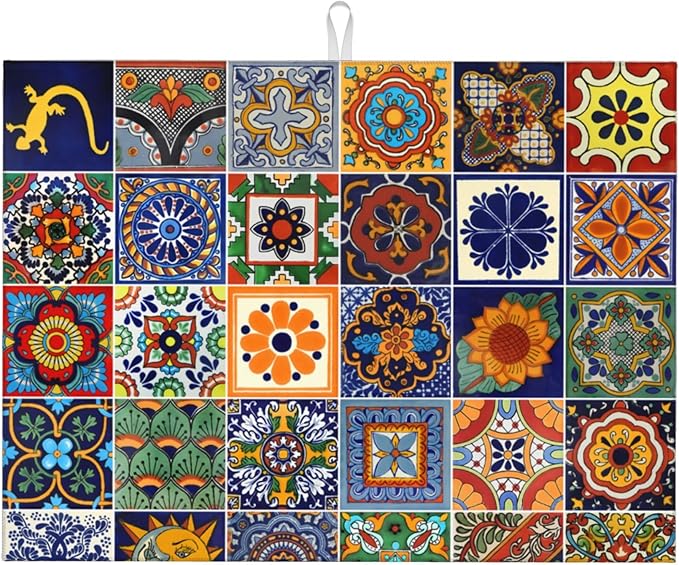 Talavera Tiles Dish Drying Mat for Kitchen Counter, 18 x 24 Inch Microfiber Dish Mats for Drying Dishes, Absorbent Dish Drying Pad Talavera Kitchen Decor Rack Mat