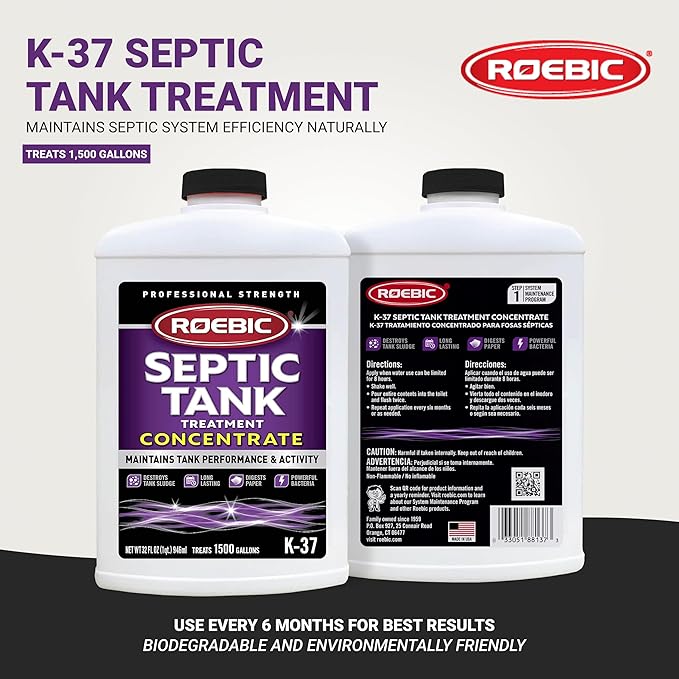 Roebic K-37-Q-C1500-4 Septic Tank Treatment: 32 oz, 16 oz Concentrate, Safe for All Plumbing Systems, Colorless Formula
