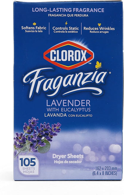Clorox Fraganzia Fabric Softener Dryer Sheets, Wrinkle Reducing and Anti Static Laundry Dryer Sheets for Great Smelling Clothes, Softens Fabrics, Lavender with Eucalyptus Scent, 105 Count