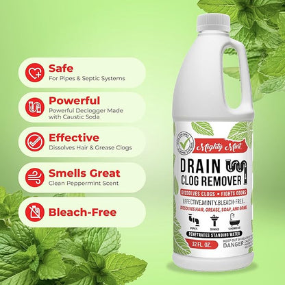 Mighty Mint Drain Clog Remover, Safe for Pipes and Septic, Dissolves Hair & Grease, Clears Blocked Drains and Deodorizes, Natural Mint Scent, 32oz