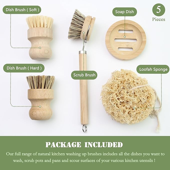 Dish Brush Set with Wooden Handle | Nautral & Bamboo Fibers Plastic Free | Pot Brush Scourer Scrubber ~ 5 Pcs Kitchen Dish Cleaning Tools - Makes Dish Cleaning Easy