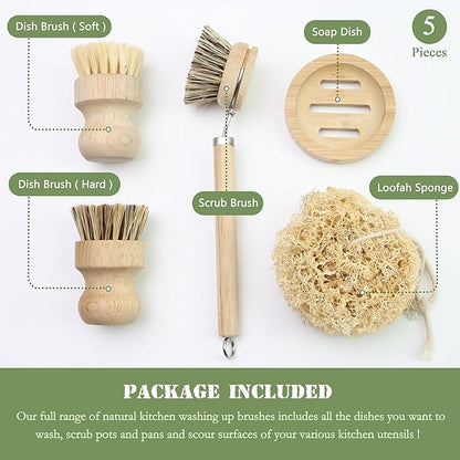 Dish Brush Set with Wooden Handle | Nautral & Bamboo Fibers Plastic Free | Pot Brush Scourer Scrubber ~ 5 Pcs Kitchen Dish Cleaning Tools - Makes Dish Cleaning Easy