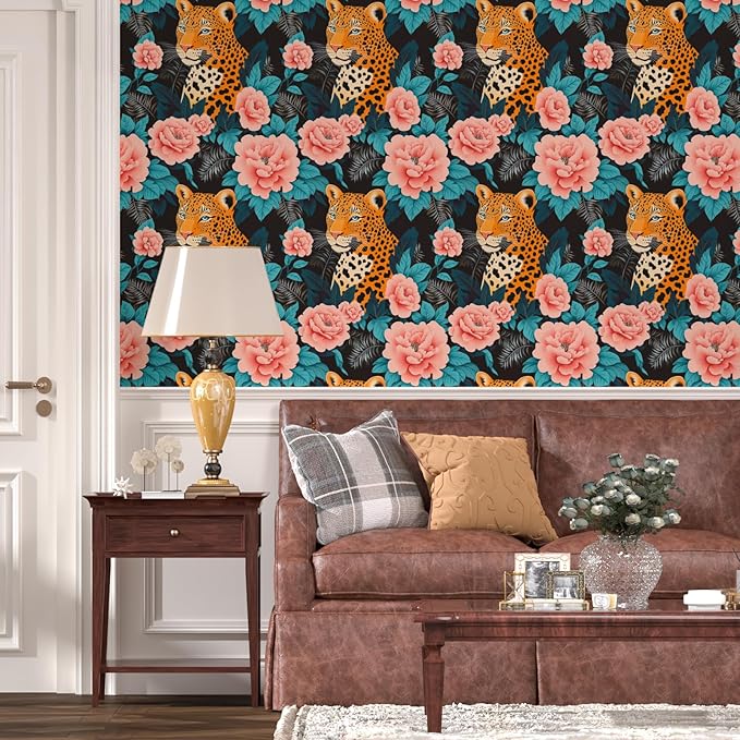 Fvlow Pink Floral Wallpaper Peel and Stick Leopard Jungle Contact Paper Wall Paper Waterproof Self-Adhesive Wall Covering for Bedroom Countertop Desk Cabinets Decor Renter Friendly 17.4" x 118"