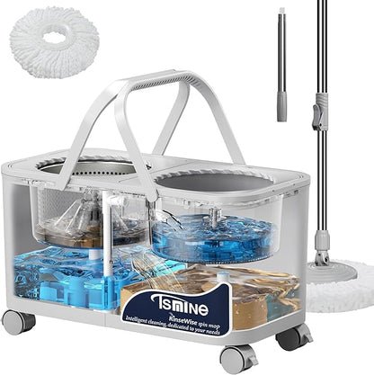 Compact Spin Mop for Apartments & Small Spaces, Clean & Dirty Water Separation Mop Bucket for Pet Owners & Daily Cleaning,360° Swivel Wheels, Safe for Hardwood & Tile, Adjustable Handle, 1 Mop Heads
