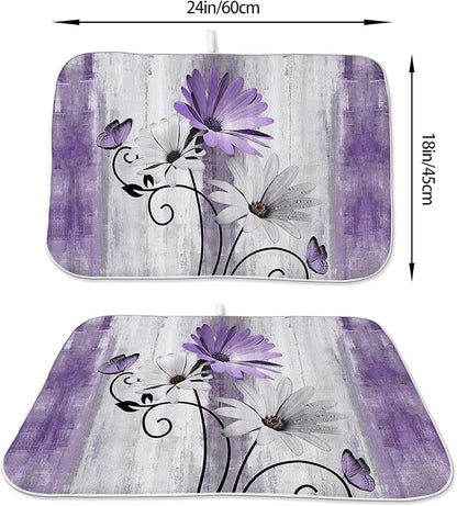 Floral Dish Drying Mat 18x24 Inches For Kitchen Counter Purple Daisy Flower Kitchen Decoration Drying Mat Modern Decorative Drying Pad For Home Kitchen Decor,Dining Room,Office Decor