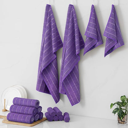 Homaxy Microfiber Kitchen Towels and Dishcloths Set, 16 Pack Soft and Absorbent Dish Hand Towels Bulk, 28 x 16 Inch & 12 x 12 Inch Quick Drying Rags for Washing Dishes, Purple