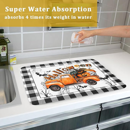 Holiday Truck Dish Drying Mat - Orange Holiday Absorbent Microfiber Dish Drying Pad for Kitchen Counter