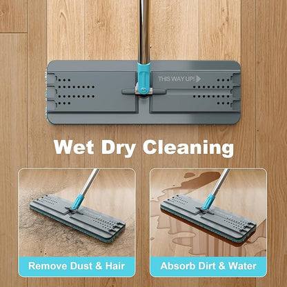 JOYMOOP Mop and Bucket Set with Wringer, with 5 Reusable Microfiber Mop Pads, Mops for Floor Cleaning and Wall Cleaning, Hands-Free Flat Mop for Home Use - Grey+Cyan Blue
