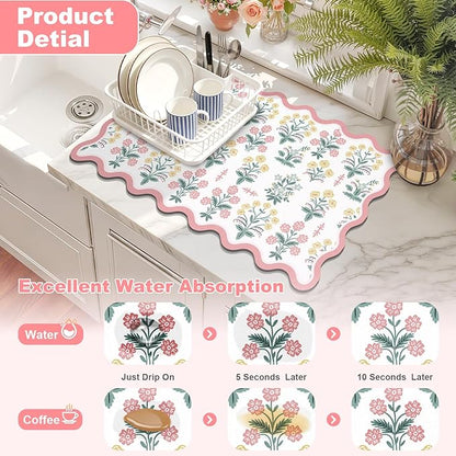 LOKHOM Scalloped Floral Dish Drying Mat, 18"x24" Super Absorbent Coffee Mat with Unique Pink Pastoral Floral, Cuttable Hide Stain Non-slip Drying Mat for Kitchen Counter Coffee Maker Espresso Machine
