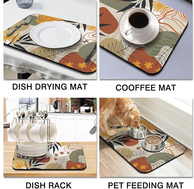 Dish Drying Mat for Kitchen Counter 2 Pack with Non-Slip Rubber Backing - Heat-Resistant Absorbent Coffee Bar Mat, Dish Rack Mat, Boho Dish Drying Mats 18x24+19.5x12 inch