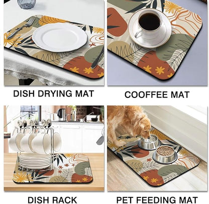 Dish Drying Mat for Kitchen Counter 2 Pack with Non-Slip Rubber Backing - Heat-Resistant Absorbent Coffee Bar Mat, Dish Rack Mat, Boho Dish Drying Mats 18x24+19.5x12 inch
