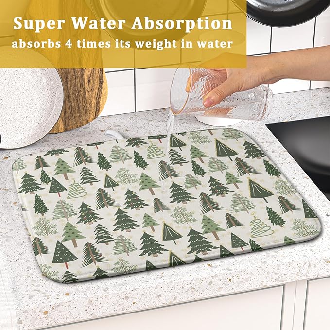 Christmas Dish Drying Mat for Kitchen Counter 16x18 Green Xmas Tree Block Print Winter Holiday Theme Absorbent Reversible Microfiber Drying Mats Kitchen Countertop Protector Dishes Drainer Pad