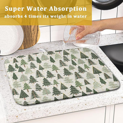 Christmas Dish Drying Mat for Kitchen Counter 16x18 Green Xmas Tree Block Print Winter Holiday Theme Absorbent Reversible Microfiber Drying Mats Kitchen Countertop Protector Dishes Drainer Pad