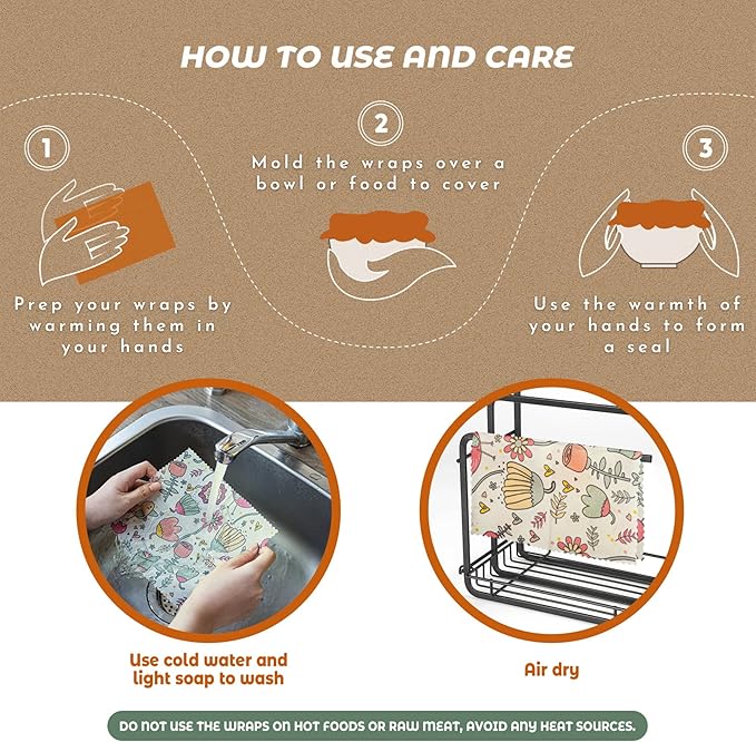 Akeeko Reusable Beeswax Food Wraps - Assorted 9 Packs, Reusable, Plastic-Free Food Storage, 5 Small, 2 Medium, 1 Large, 1 Extra Large Wraps with Plants and Boho Birds Pattern