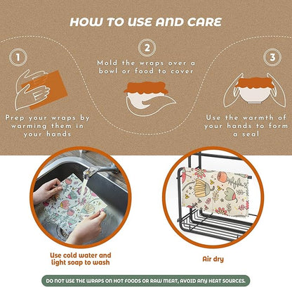 Akeeko Reusable Beeswax Food Wraps - Assorted 9 Packs, Reusable, Plastic-Free Food Storage, 5 Small, 2 Medium, 1 Large, 1 Extra Large Wraps with Plants and Boho Birds Pattern