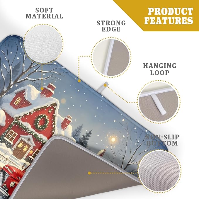 Christmas Dish Drying Mat for Kitchen Counter 18x24 Red Truck Winter Xmas Snow Scene Holiday Theme Absorbent Reversible Microfiber Drying Mats Kitchen Countertop Protector Dishes Drainer Pad