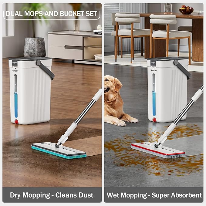 Dual-Mop and Bucket Set, 3-Tank Flat Mop and Bucket System with Separate Dirty and Clean Water, Wall Cleaner Mop, Flat Mops for Floor Cleaning with 6 Microfiber Pads