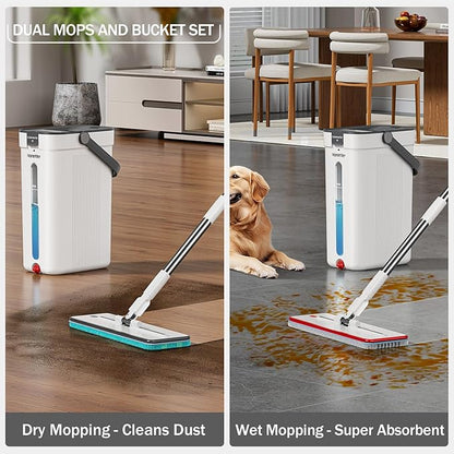Dual Mop and Bucket Set, Flat Mop and Bucket System with Separate Dirty and Clean Water, 3-Compartment Wall Cleaner Mop, Flat Mops for Floor Cleaning with 6 Microfiber Pads