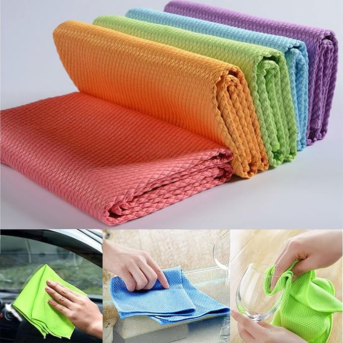 Large Streak Free Glass Cleaning Cloth, Lint Free Nanoscale Microfiber Fish Scale Tower, 15.8" x 19.7" (Mix, 5 Pack)