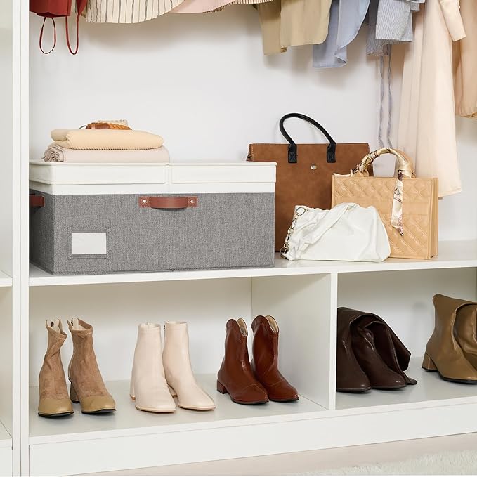 GRANNY SAYS Decorative Storage Boxes with Lids, Collapsible Large Closet Storage Bins with Label, Fabric Storage Bins for Clothes, White&Gray
