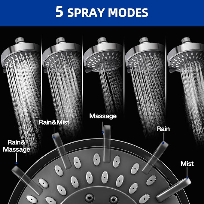 High Pressure Shower Head - Adjustable Bathroom Fixed Rain Showerhead with Swivel Brass Ball Joint, Self-cleaning Nozzles (5-Mode, 4 Inch Chrome)