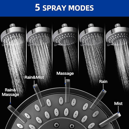 High Pressure Shower Head - Adjustable Bathroom Fixed Rain Showerhead with Swivel Brass Ball Joint, Self-cleaning Nozzles (5-Mode, 4 Inch Chrome)