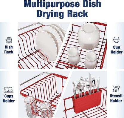 JASIWAY Red in Sink Dish Drying Rack, Expandable Stainless Steel Small Dish Rack Over Kitchen Sink, Plate Drainer Strainer with Cutlery Holder & Cup Holders, Counter Space Saving Wire Dryer Rack