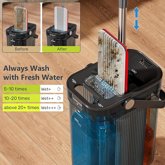 Transparent Mop and Bucket Set with Separate Dirty & Clean Water, 65" Flat Mop for Floor Cleaning, 4 Machine Washable Microfiber Pads for Wood Tile-Black