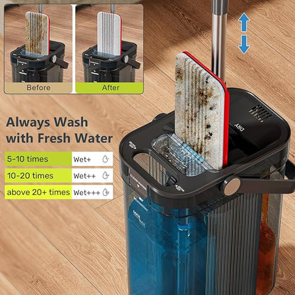 Transparent Mop and Bucket Set with Separate Dirty & Clean Water, 65" Flat Mop for Floor Cleaning, 4 Machine Washable Microfiber Pads for Wood Tile-Black