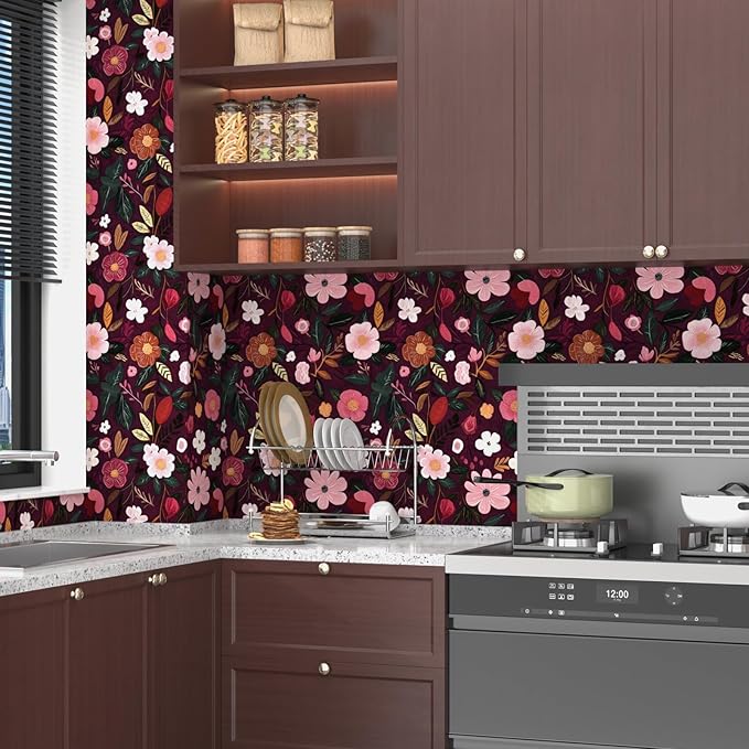 Fvlow Red Pink Floral Wallpaper Peel and Stick 17.4" X 118" Dark Red Gothic Witchy Contact Paper Flower Removable Covering for Bedroom Cabinet Bathroom Vintage Retro Goth Home Decor