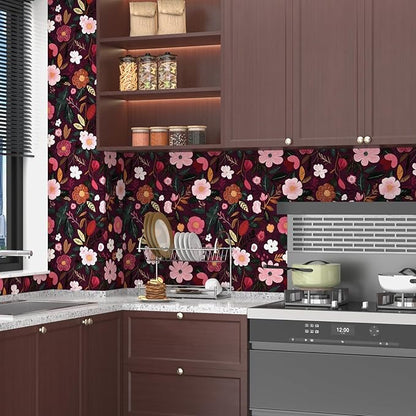 Fvlow Red Pink Floral Wallpaper Peel and Stick 17.4" X 118" Dark Red Gothic Witchy Contact Paper Flower Removable Covering for Bedroom Cabinet Bathroom Vintage Retro Goth Home Decor