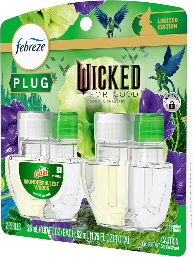 Febreze Plug In Air Freshener, "Wicked: For Good" Limited Edition Odor-Fighting Scented Oil Refill, Air Fresheners for Home and Bathroom and Kitchen, Long Lasting, Wonderfullest Woods, 2 Count