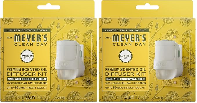 Mrs. Meyer's Clean Day Premium Scented Oil Plug-In, Diffuser & Air Freshener Kit, Dandelion, 1 warmer and .67 fl oz refill (Pack of 2)