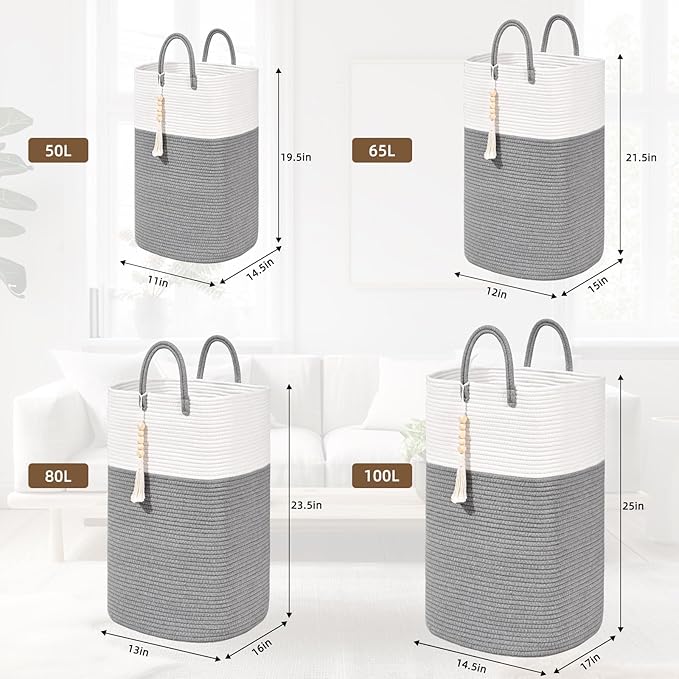 Woven Laundry Basket for Clothes, 80L Large Rectangle Laundry Hampers with Beads Tassel, Nursery Storage Basket for Toys, Tall Dirty Clothes Hamper for Bedroom Aesthetic, Laundry Room Organization