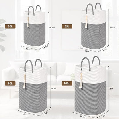 Woven Laundry Basket for Clothes, 80L Large Rectangle Laundry Hampers with Beads Tassel, Nursery Storage Basket for Toys, Tall Dirty Clothes Hamper for Bedroom Aesthetic, Laundry Room Organization
