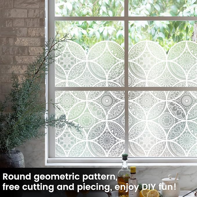 DKTIE Bohemian Decor Stained Glass Window Film with Installation Tools, Two-Way Window Privacy Film, Reduce Glare, Pure White, 35.4 x 118.1 Inch