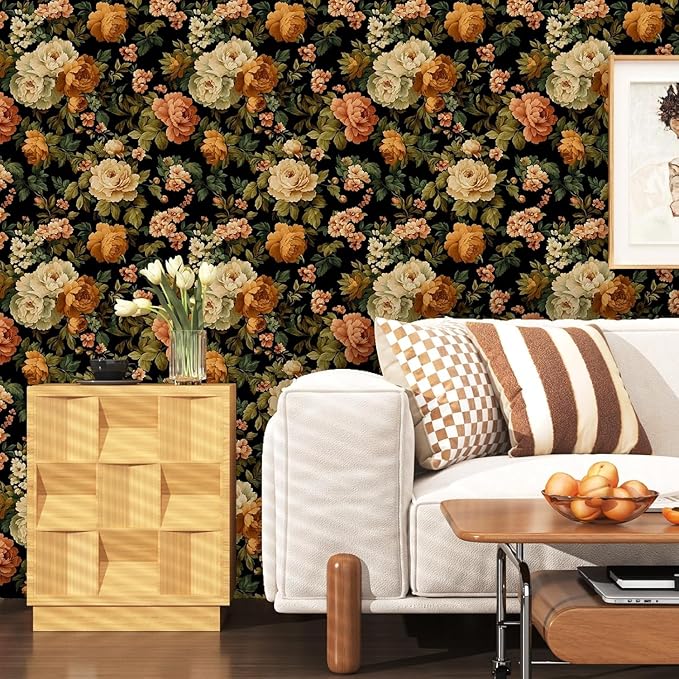 Fvlow Black Green Floral Wallpaper Peel and Stick 17.4" x 394" Dark Rose Moody Contact Paper Waterproof Self Adhesive Covering for Bedroom Bathroom Kitchen Abstract Art Home Decor