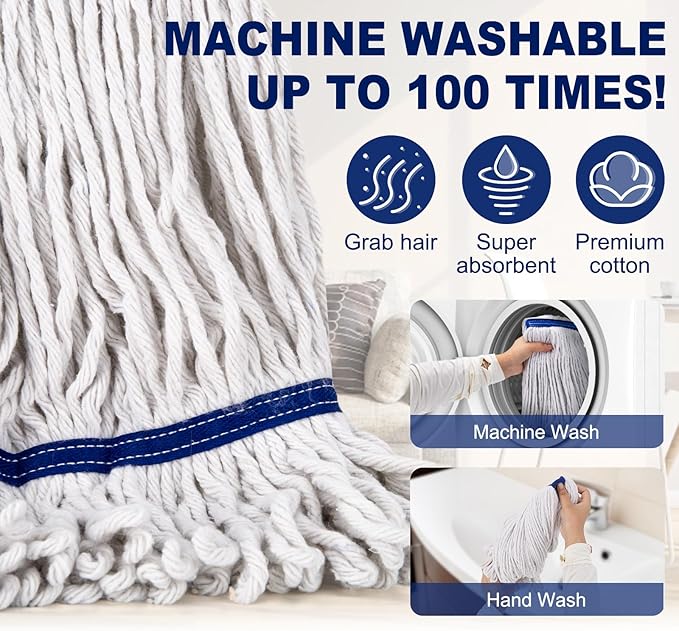 Loop-End String Mop Heavy Duty Commercial Industrial Mops with 2 Extra Mop Heads Replacement, 59 Inch Cotton Wet Mop for Floor Cleaning