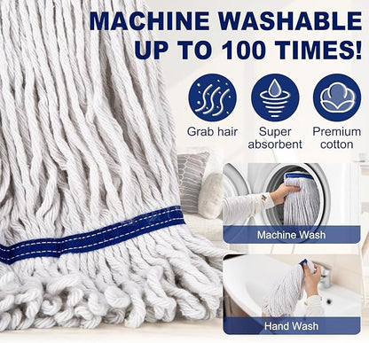 Loop-End String Mop Heavy Duty Commercial Industrial Mops with 2 Extra Mop Heads Replacement, 59 Inch Cotton Wet Mop for Floor Cleaning