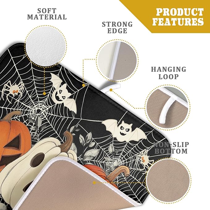 Halloween Pumpkin Dish Drying Mat for Kitchen Counter 16x18 Cream Bat Spiderweb Holiday Scary Theme Absorbent Reversible Microfiber Drying Mats Kitchen Countertop Protector Dishes Drainer Pad