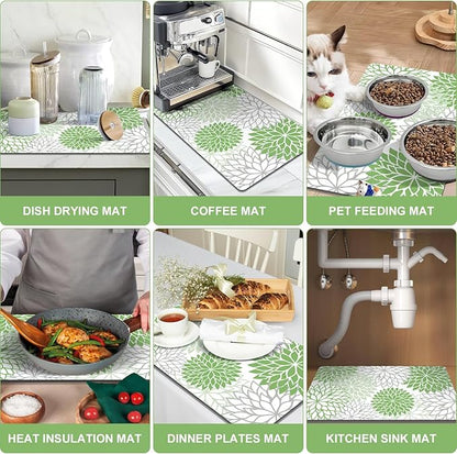 Findosom 2PCS 12" x 20" Dish Drying Mat & 24" x 5.5" Sink Splash Guard, Super Absorbent & Cuttable Dish Mat Drying Kitchen Mat with Green Floral, Hide Stain Drying Mat for Kitchen Counter